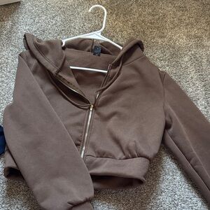 Brown Zip-Up cropped Hoodie